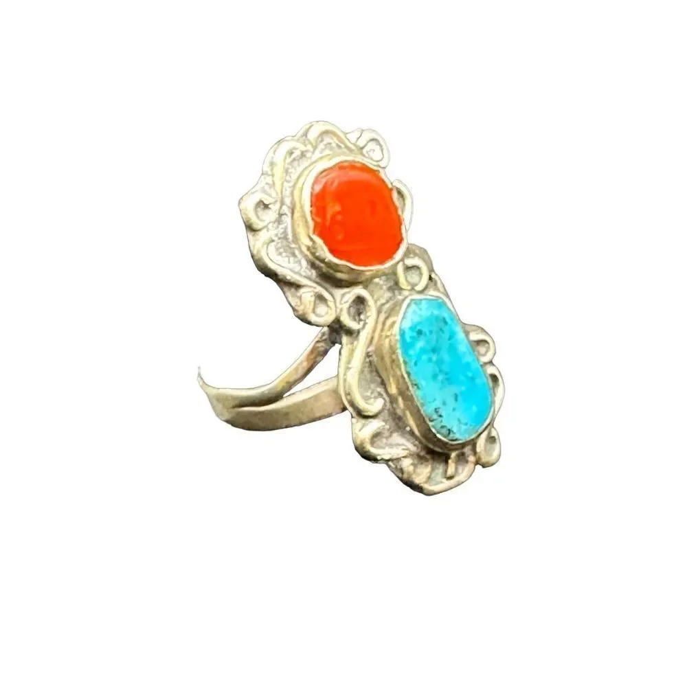 Navajo Sterling silver turquoise coral ring vintage size 7 3/4